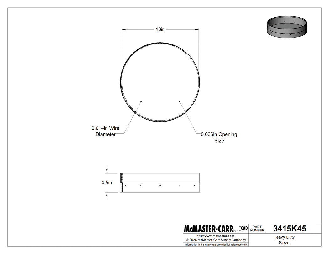 Technical Drawing of Heavy Duty Sieve, 20 Mesh Size.